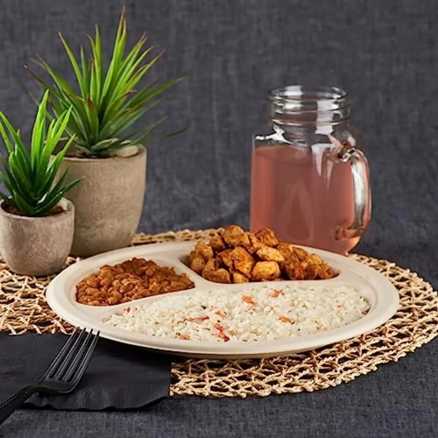 10-Inch Compostable Disposable Paper Plates 500 Pack 3 Compartment Heavy-Duty, Molded Fiber, Eco-Friendly Bulk Package (Natural