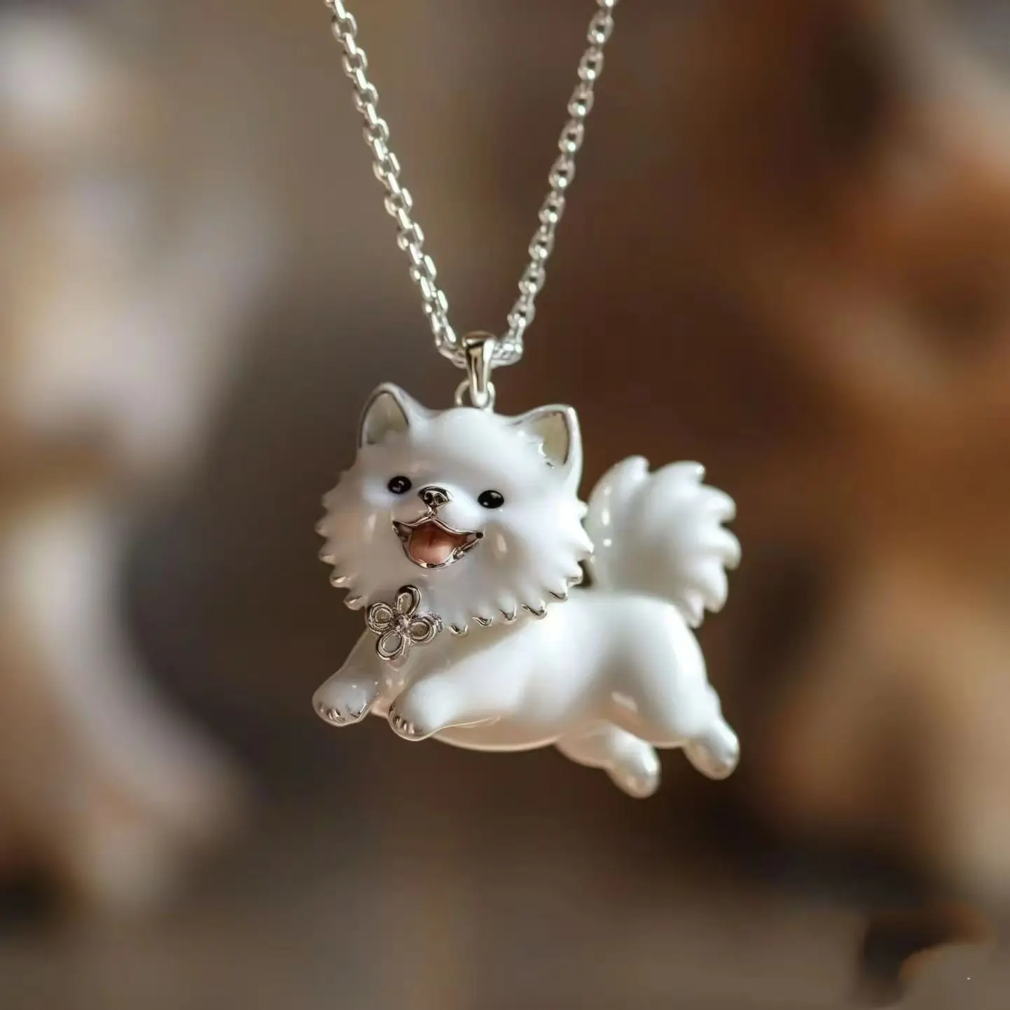 Newly Arrived Jewelry White Drip Glue Cute Pomeranian Dog Pendant Necklace UNISEX Fun Party Jewelry Necklace