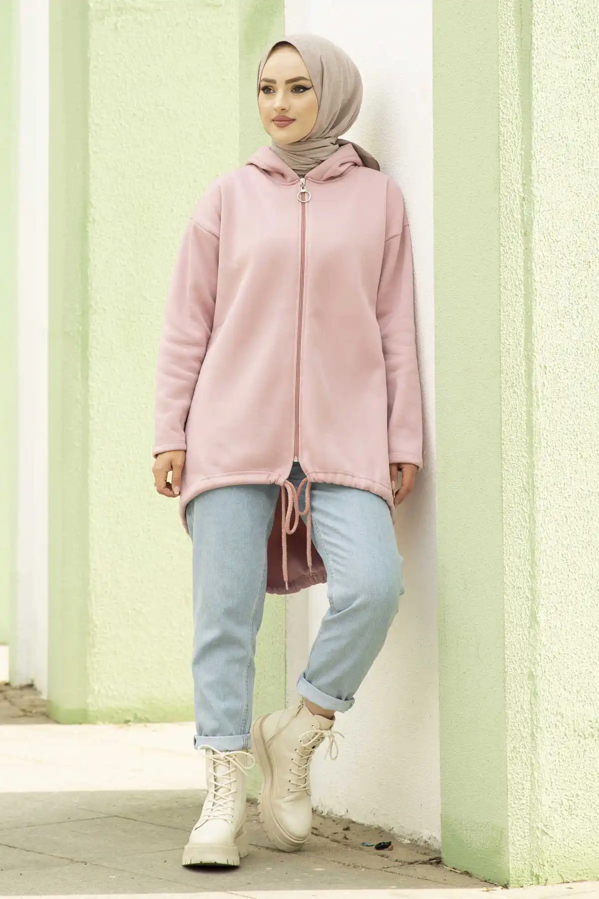 Front Short Hooded Hijab Cardigan Pink Winter Autumn 2021 Muslim Women Hijab headscarf Islamic Turkey