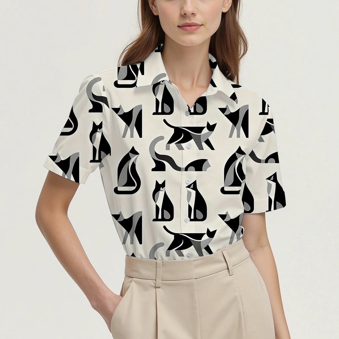 

New style shirt short sleeve summer women's cat pattern breathable suitable for daily or formal wear fashionable casual
