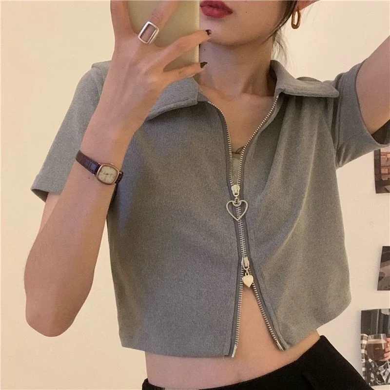 

Women High Street Zip Up Design T-shirt Summer Korean Fashion Solid Polo Neck Slim Short Sleeve Top Girl Y2k Sexy Harajuku Tees