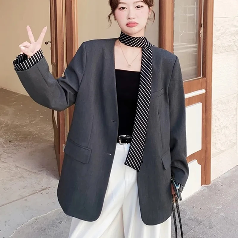 Korean Premium Patchwork Blazer Jacket Women Long Sleeve Spring Fall Commuter Coat Grey Casual Fashion Classic Simple Outwear