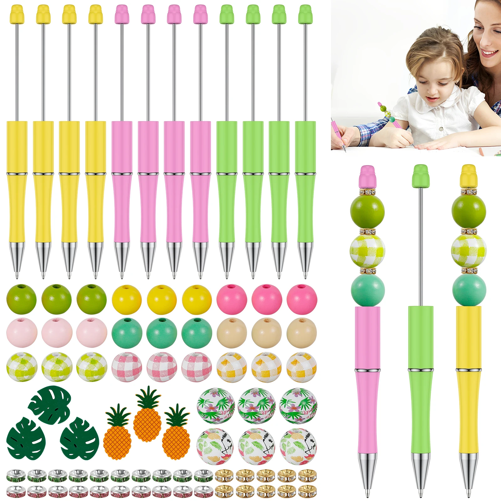 12Pcs Beadable Pens Set Fun DIY Beaded Ballpoint Pen Refillable Assorted Bead Pens Creative Beaded Pens Colorful Beadable Pen