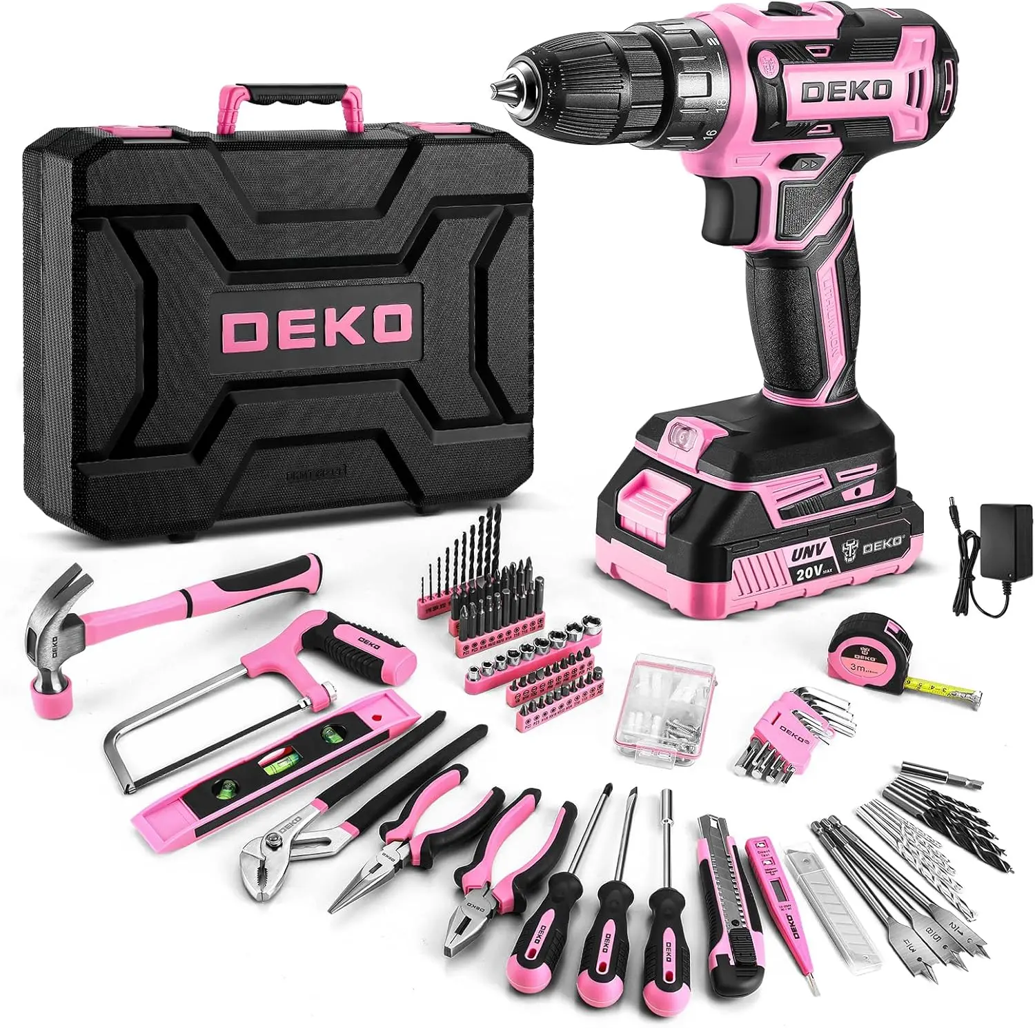 

Pink Drill Tool Kit Set: 20V Cordless Power Drill Tool Box with Battery Electric Drill Driver for Men Home Hand Repair Basic Too