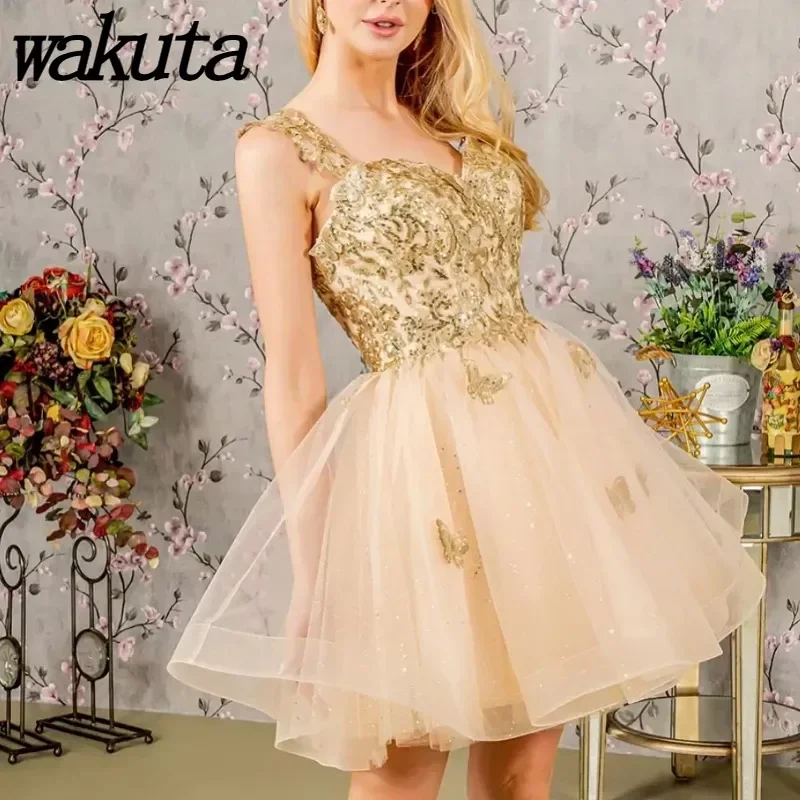 

Wakuta Spaghetti Straps A-line Prom Dresses Sweetheart Lace Appliques Evening Gowns Sequins Sleeveless Mini Fairy Ball Vestidos