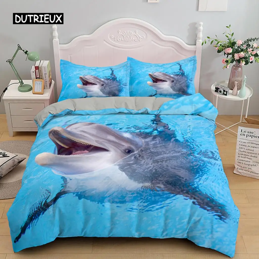 3D Dolphin In Blue Sea Queen King Size Bedding Sets Animal Single Quilt Duvet Cover Set Kids Adult Bed Polyester Bedclothes