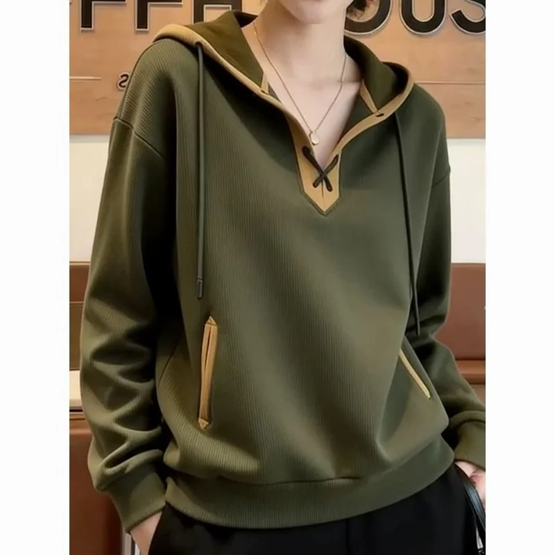 Womens Olive Green Pullover Hoodie Long Sleeve Loose Fit Ribbed Sweatshirt with Drawstring Hood Casual Autumn Winter Top