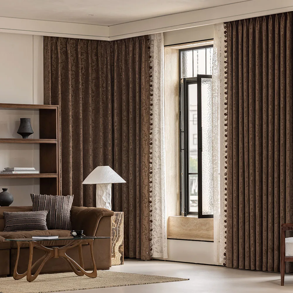 1PC Chenille Jacquard Curtains for Living Room Bedroom Vintage Elegant Textured Window Drapes Laced Decoration