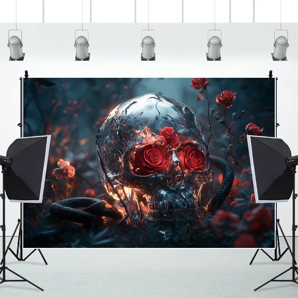 Halloween Skulls Roses Photography Background Dark Forest Snake Flowers Plants Room Decoration Banner Photo Shoot Backdrop Props
