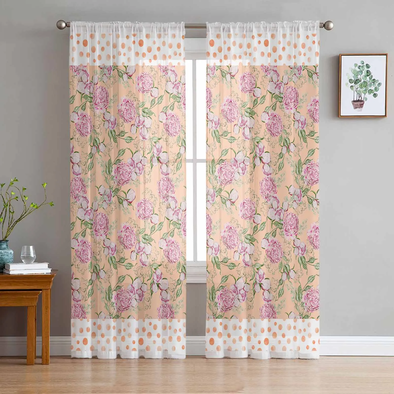 Polka Dots Flowers Leaves Sheer Tulle Curtains for Living Room Valance Curtains Kitchen Bedroom Window Voile Drapery