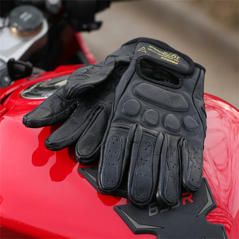 Cowhide Motorcycle Gloves for Men in All Seasons, Yellow Retro Leather Motorcycle Off-Road Gloves