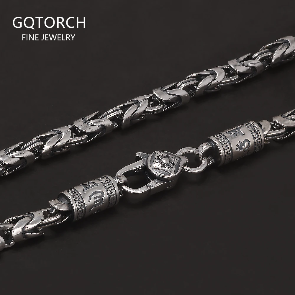 

925 Sterling Silver Men's Peace Pattern Chain Necklace Bracelet with Six Words Mantra Clasp Vintage Punk Retro Party Jewelry
