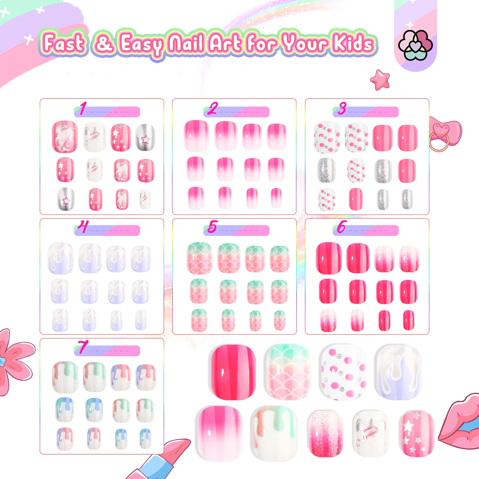 

SAVILAND Kids Press on Nails 168Pcs 7 Pack Glitter Gradient Star Designs Short Pre Glued Tips for Children Ages 8-12 Gifts