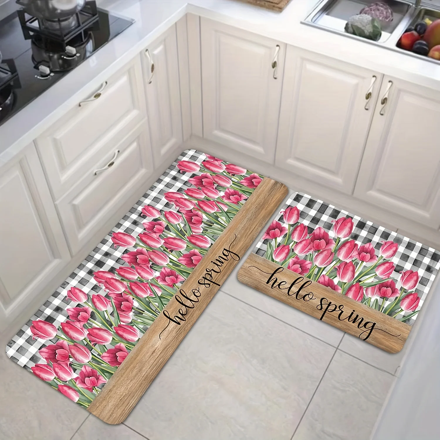 Ländlicher Stil Tulpen-Bedruckter Teppich L-förmiger Küchenteppich Langer Teppich Türmatte Blumen-Gitter Wohnzimmer Schlafzimmer Wohnzimmer Türmatte