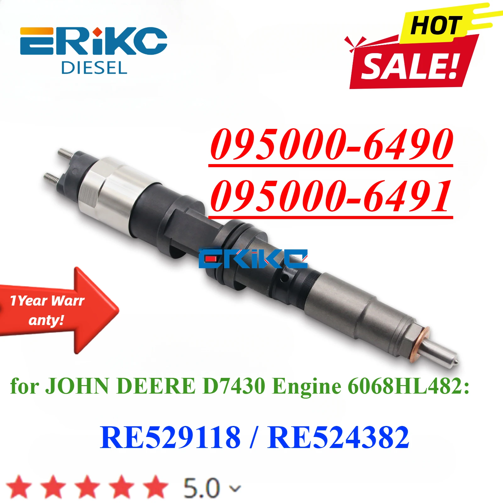 095000-6490 Common Rail Fuel Injector 095000-6491 Diesel Engine Nozzle 095000-6491 for Denso John Deere 7430 RE524382 RE529118