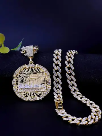 1 Piece 14K Gold Plated Hip Hop Punk Style Round Medallion Last Supper Pendant with Cuban Chain Cross Charm with Figaro Style
