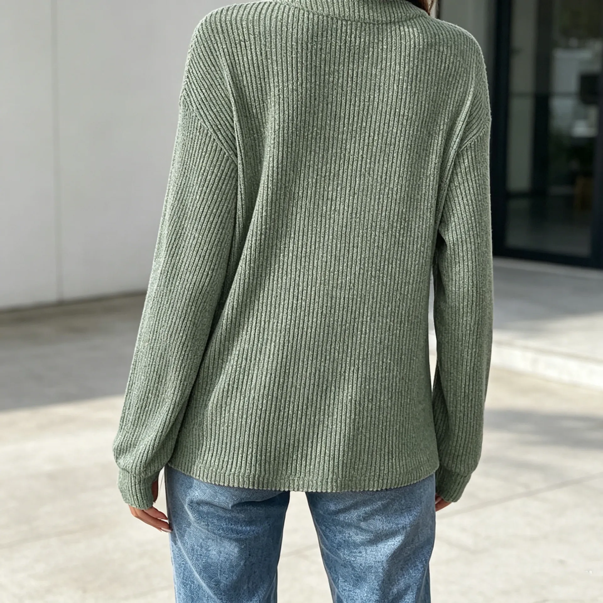 Women's New Style Henley Button-Up Top, Round Neck, Long Sleeves, Front Pockets, Drop Shoulder, Loose Casual Knitwear