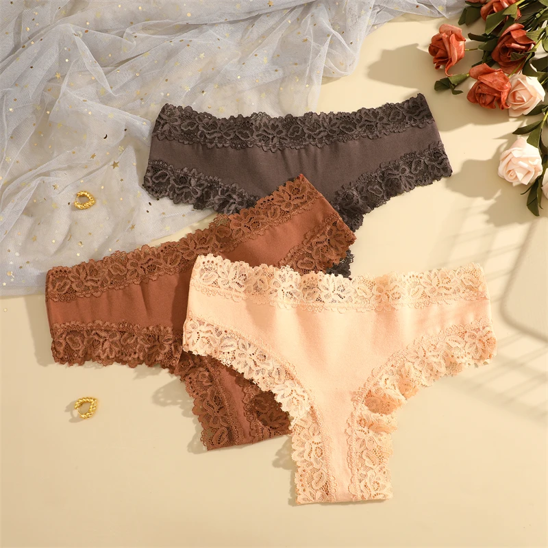 FINETOO 3Pcs Cotton Lace Floral Thongs Women Sexy Seamless Underwear Breathable Panties Low Waist Solid G-string Soft Lingerie