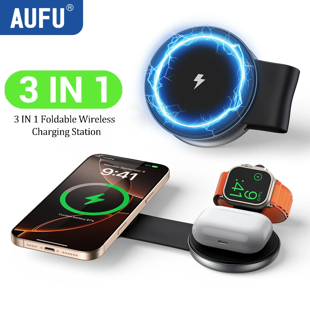 

AUFU 3 in 1 Magnetic Wireless Charger for Apple Watch Airpods Portable Travel USB Type C Magnetic Fast Charger for iPhone 16 15