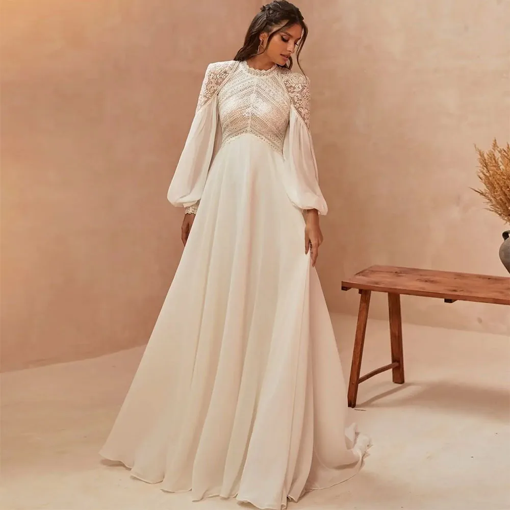 Gaun Pengantin Sifon Boho Lengan Puff Applique Renda Gaun Pengantin A-Line Vestido De Novia Dibuat Sesuai Pesanan