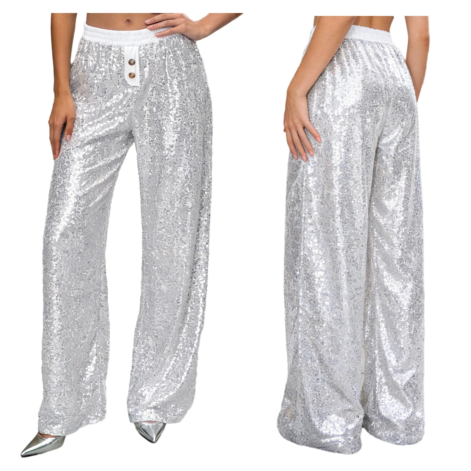 

Женские блестящие брюки с пайетками, свободные прямые брюки с высокой талией, блестящие брюки для клуба, джаза, вечеринок, дискотек, уличных танцев, выступлений