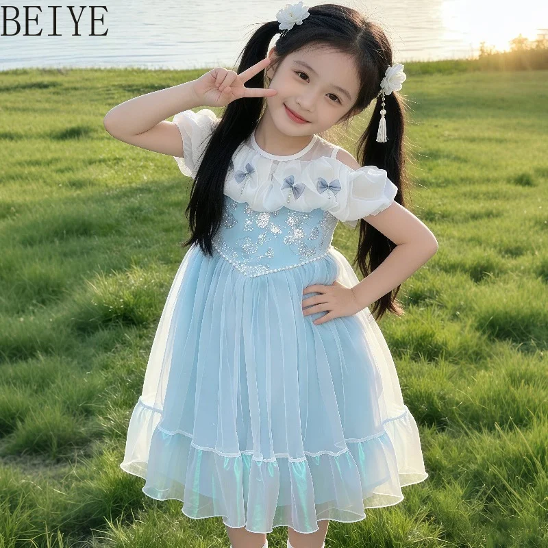 

Princess Birthday Dress for Girls Breathable Summer Short Sleeve Sweet Cute Dress Children Blue Color Casual Daily Dress
