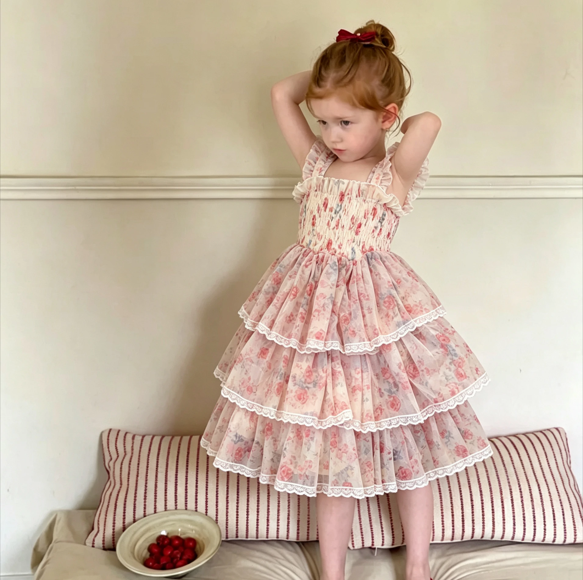 Floral Cotton Yarn Dress 2026 Summer New Girls Retro Style Yarn Skirt Girls Suspender Pulling Cake Dress