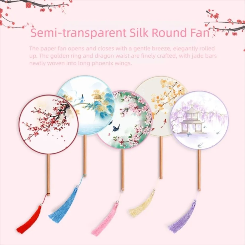 Silk Material Chinese Round Hand Fan Embroidery Design Long Handle Vintage Printing Silk Fan Ink Painting Round Shape