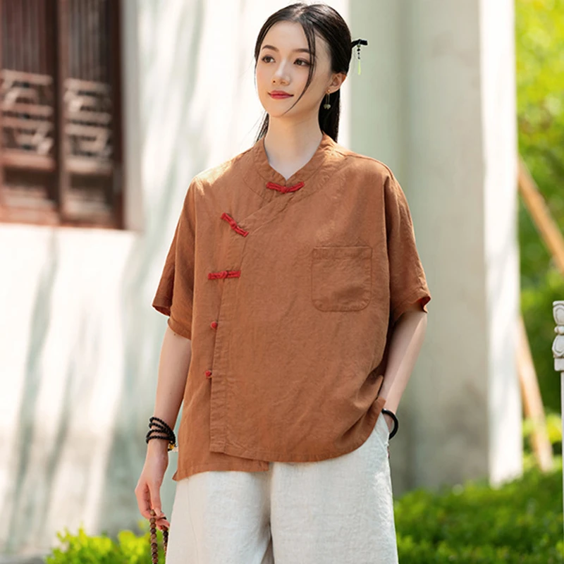 Style chinois femmes coton lin chemise décontractée nouveauté 2025 été Vintage col montant lâche femmes hauts chemises M1845