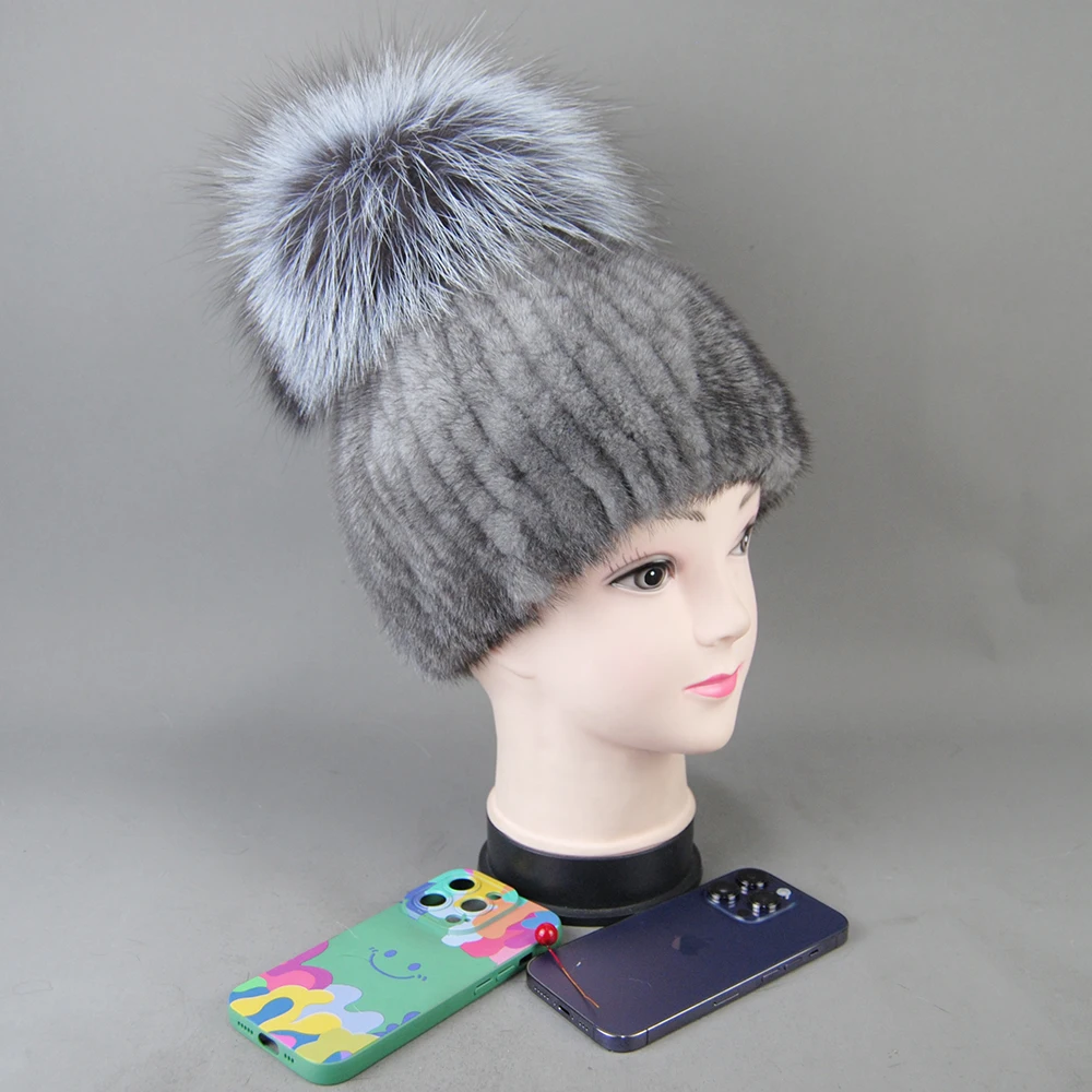 Real Mink Fur Hat For Women New Brand Thicken Female Fur Caps Ladies Winter Knitted Mink Fur Beanies With Fox Fur Pompoms Hat