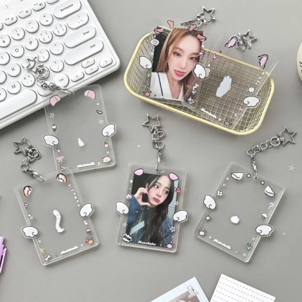 with Keychain Korean Photocard Holder Cartoon Animals Ears Acrylic Transparent Card Bag Wing Square Bag Pendant Student Friends