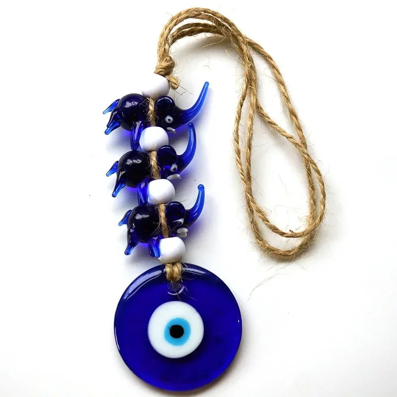 

Unique Turkish Style Glass Blue Eye Pendant Evil Eye Wall Decor Three Elephant Shaped Hanging Decoration for Car Home Wall Gift