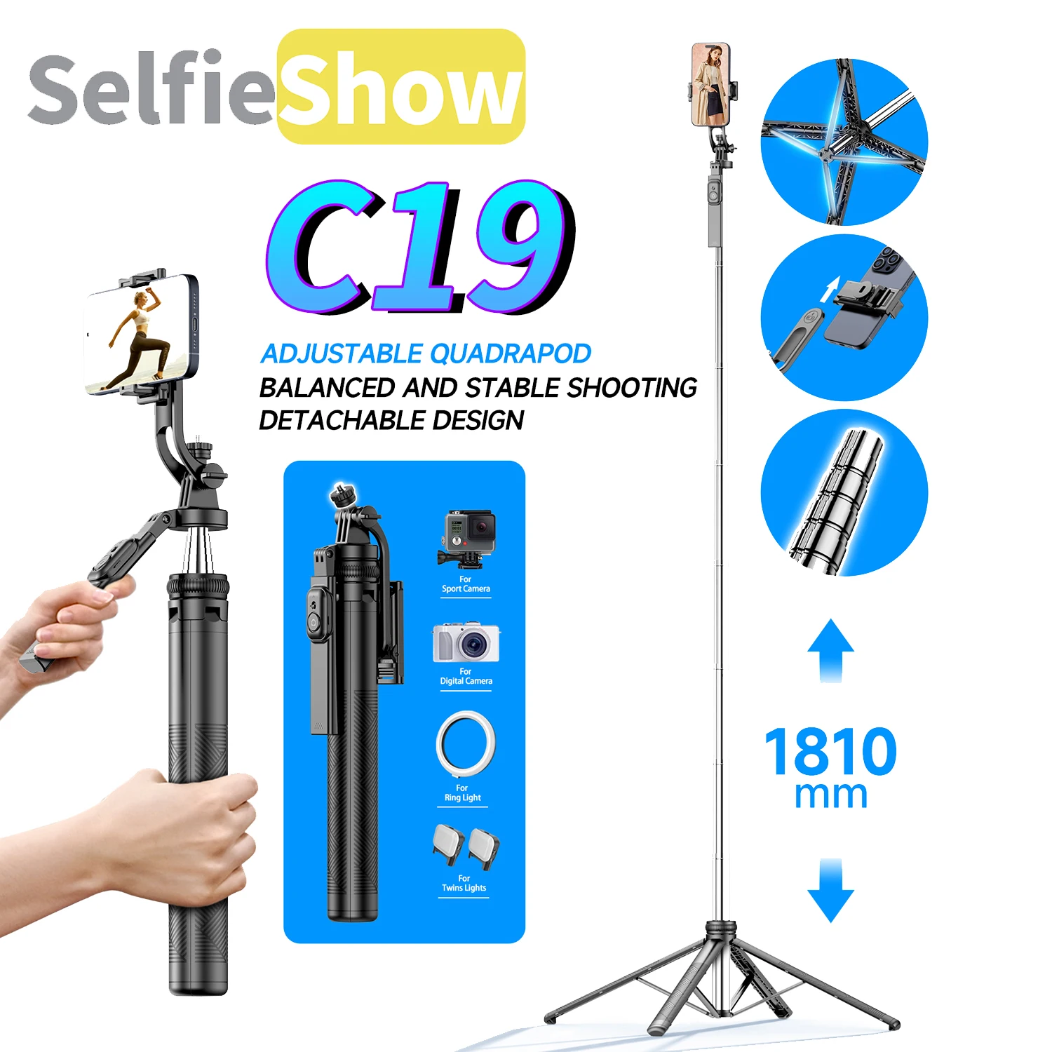 

Selfieshow 72inch Extendable Tripod Selfie Stick Bluetooth Remote 1/4'' Screw Phone Holder Monopod for Smartphone brackets