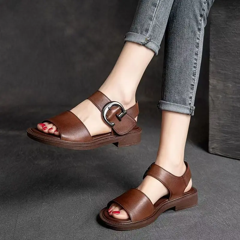 2024 New Women\'s Summer Leather Open Toe Low Heel Sandals Soft Sole Non Slip Hook Casual Sandals Comfortable Elderly Sandals