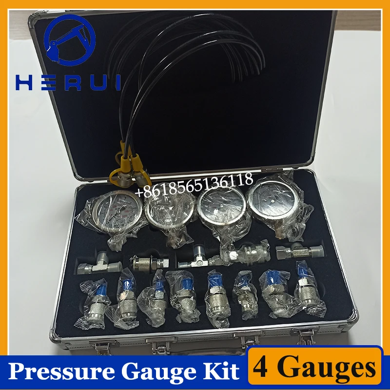 4 Gauges Hydraulic Pressure Gauge Set Hydraulic Test Kit Diagnostic Tool For Excavator Hydraulic Pressure Measurement Kit