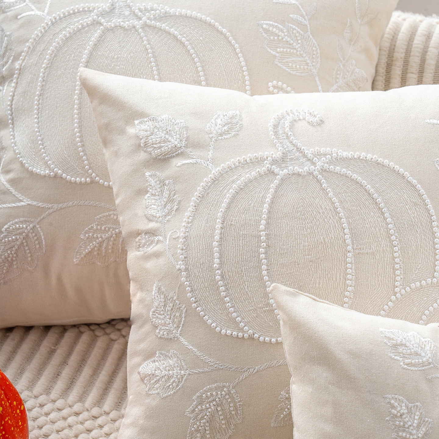 1pc Autumn White Pearl Pumpkin Embroidery Pillowcase Multi-size Available for Sofa Bed Home Decor Harvest Festival Special