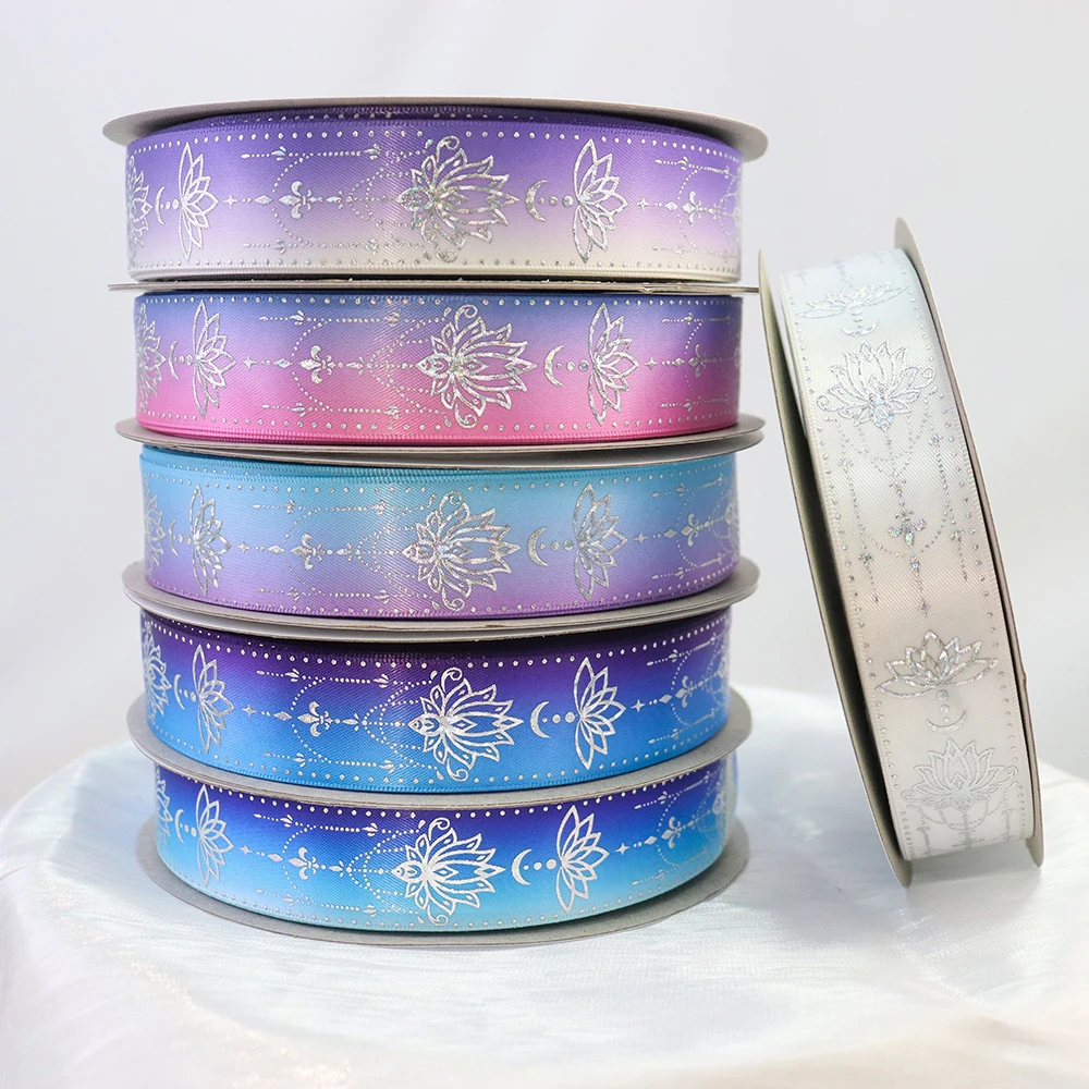 1\'\' 25mm Laser Silver Foil Moon Lotus Printed Single Side Satin Ribbon For Wedding Birthday Party Gift Wrapping Decoration