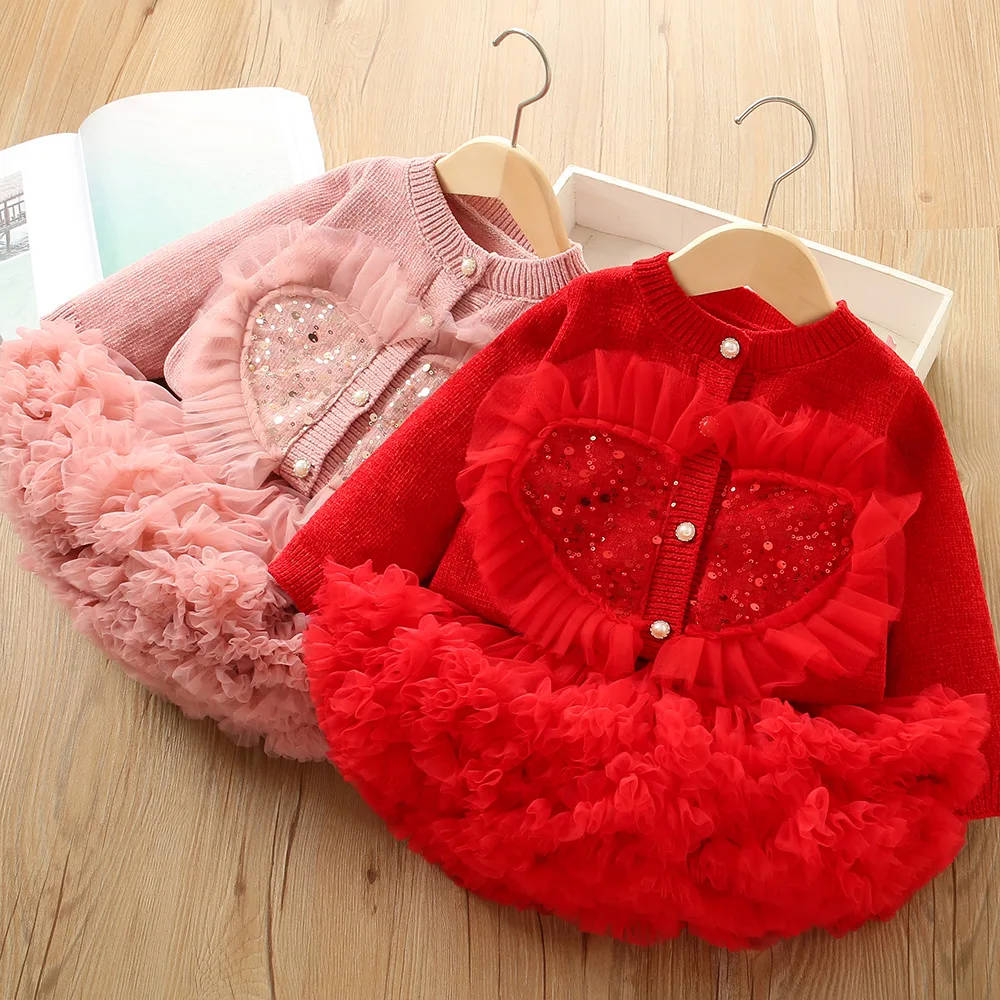 

GirlsKnitting Set 2024 New Christmas Girls Clothing Fashionable Korean Knitted Long sleeved Top+Fluffy Dress Girls Childrens Set