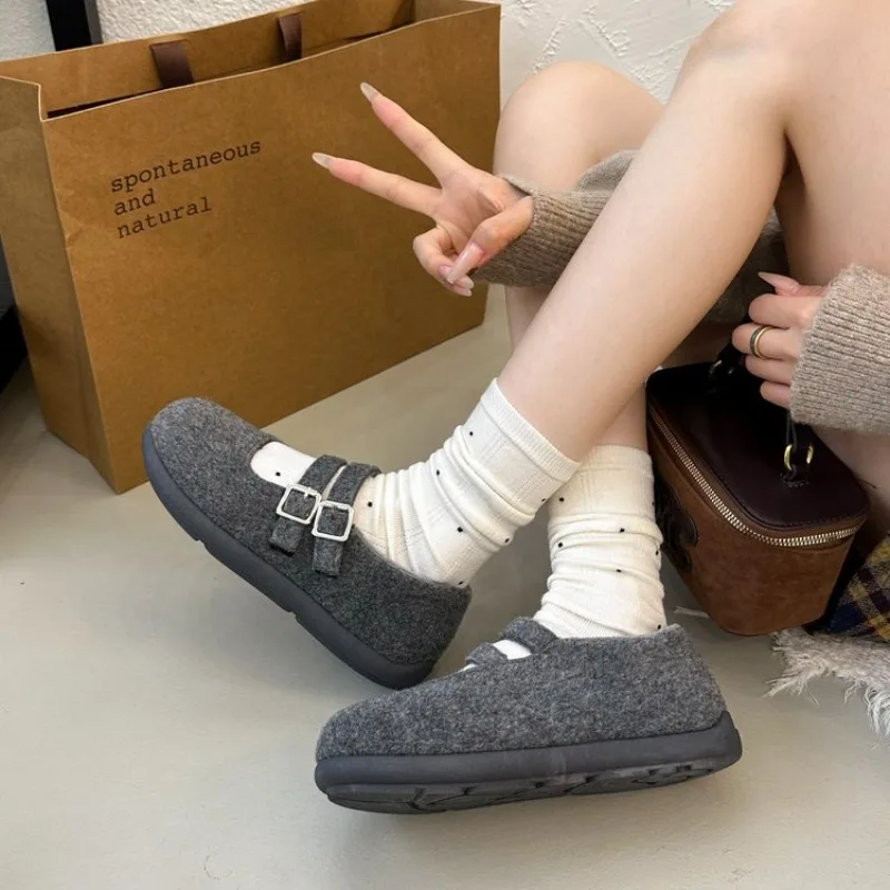 أحذية ماري جين المسطحة المرتفعة 2025 أحذية جديدة كلمة واحدة بالإضافة إلى أحذية مخملية ذات فم ضحل حراري صوفي فردي #3