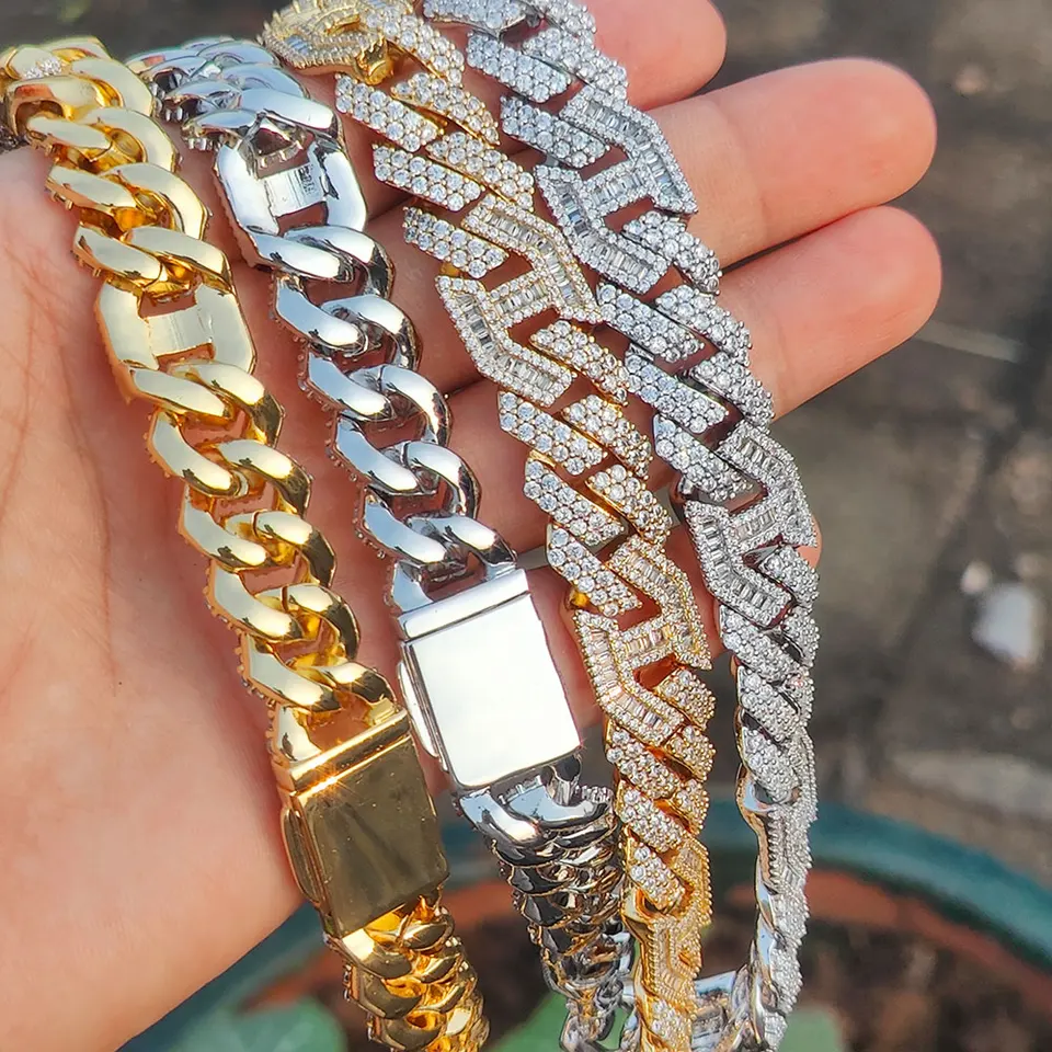 アクセサリー Iced Out Cuban Chain Necklace 15mm Iced Out Cuban Chain Necklace Pink Gold Silver