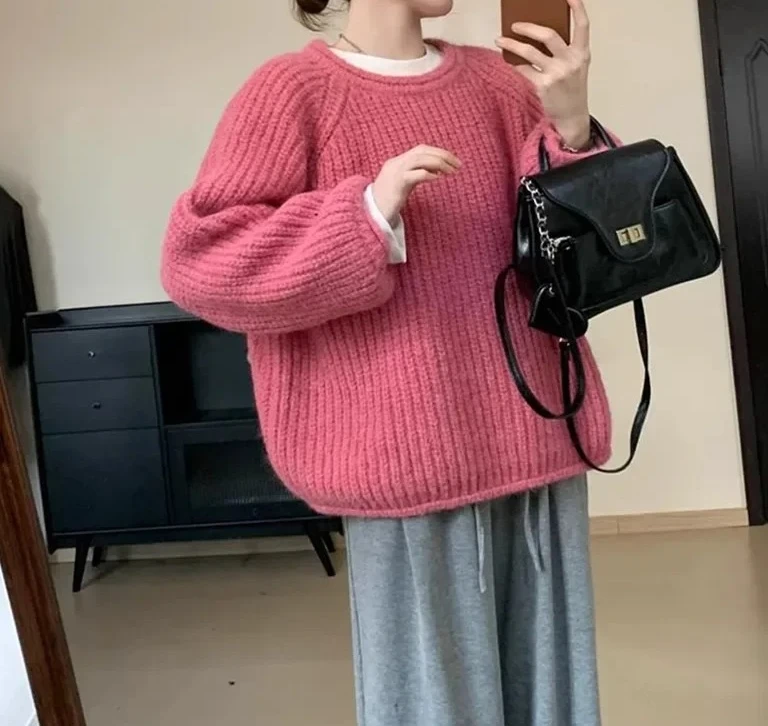 

Женский вязаный свитер свободного покроя с круглым вырезом, толстая пряжа, рукава с манжетами, осень-зима, Новое поступление, удобный топ