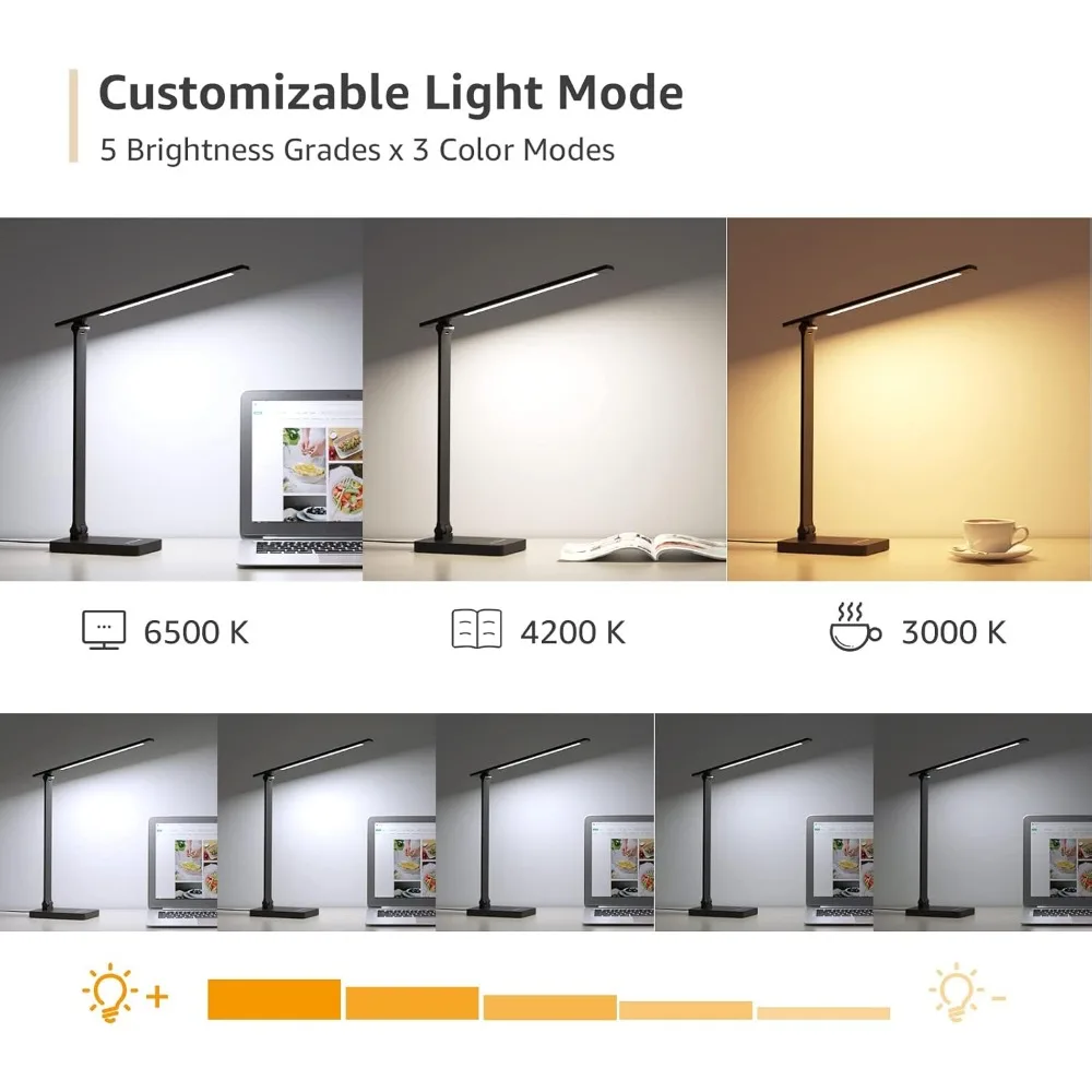 مصباح مكتبي LED من Lepro مع منفذ شحن USB قابل للتعتيم للمنزل والمكتب والتحكم باللمس مصباح طاولة القراءة، 3 أوضاع ألوان مع 5 سطوع