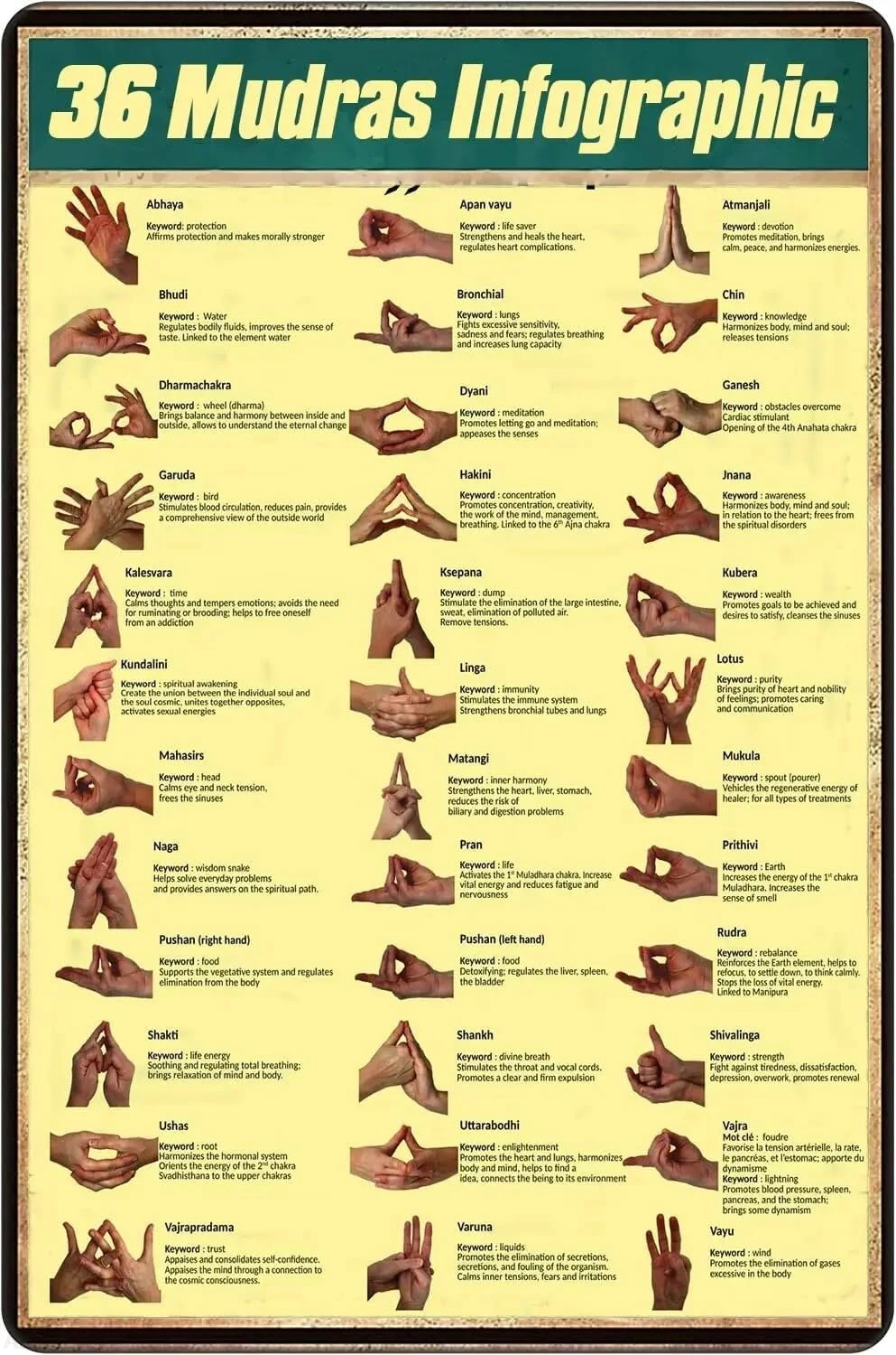 

Vintage 36 Mudras Infographic Aluminium Metal Tin Sign 8x12 Inch Home Poster Bar Pub Decor