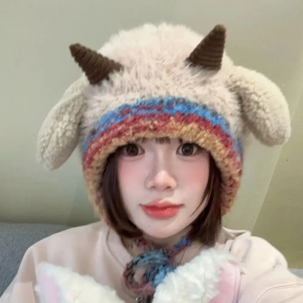 

Versatile Korean Style Ear Protection Hat Soft Ear Sound Plush Pullover Hats Cartoon Windproof Lamb Beanie Hat Autumn and Winter