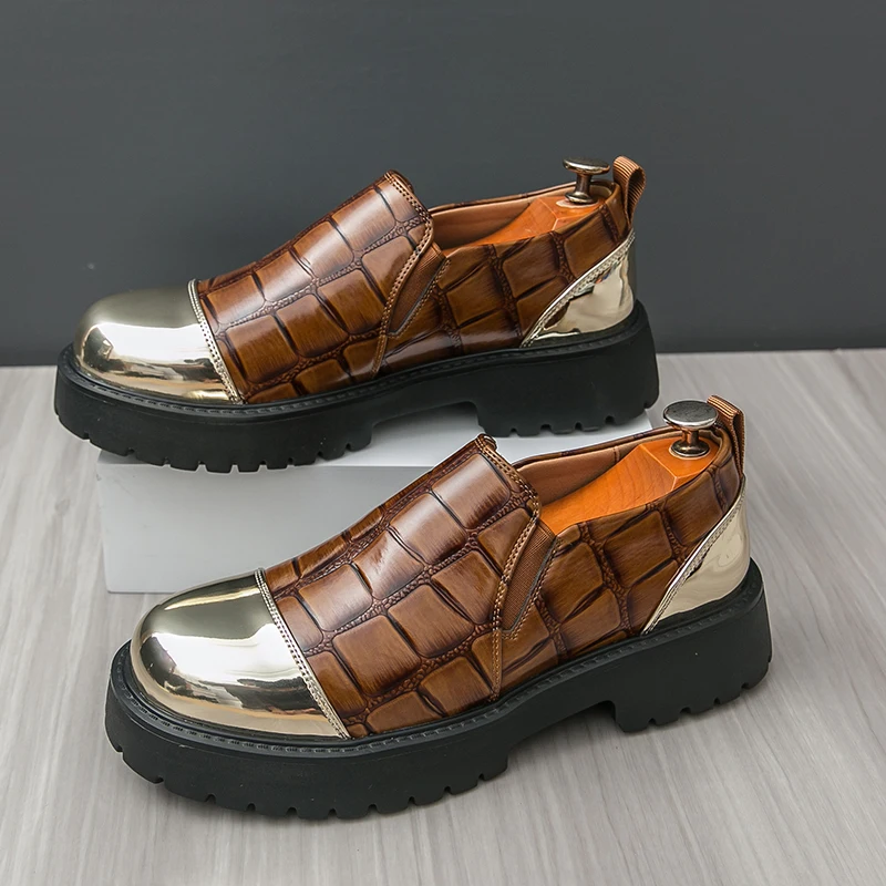 Fashion Retro Men's Casual Leather Shoes Classic British Style Platform Loafers Man Slip-on Thick Sole Heightened Shoes Big Size