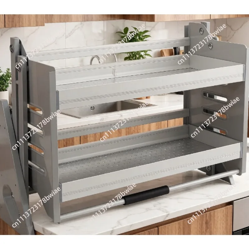 Stainless steel & aluminum pull-down kitchen cabinet basket - adjustable spice rack - wall-mounted storage organizer