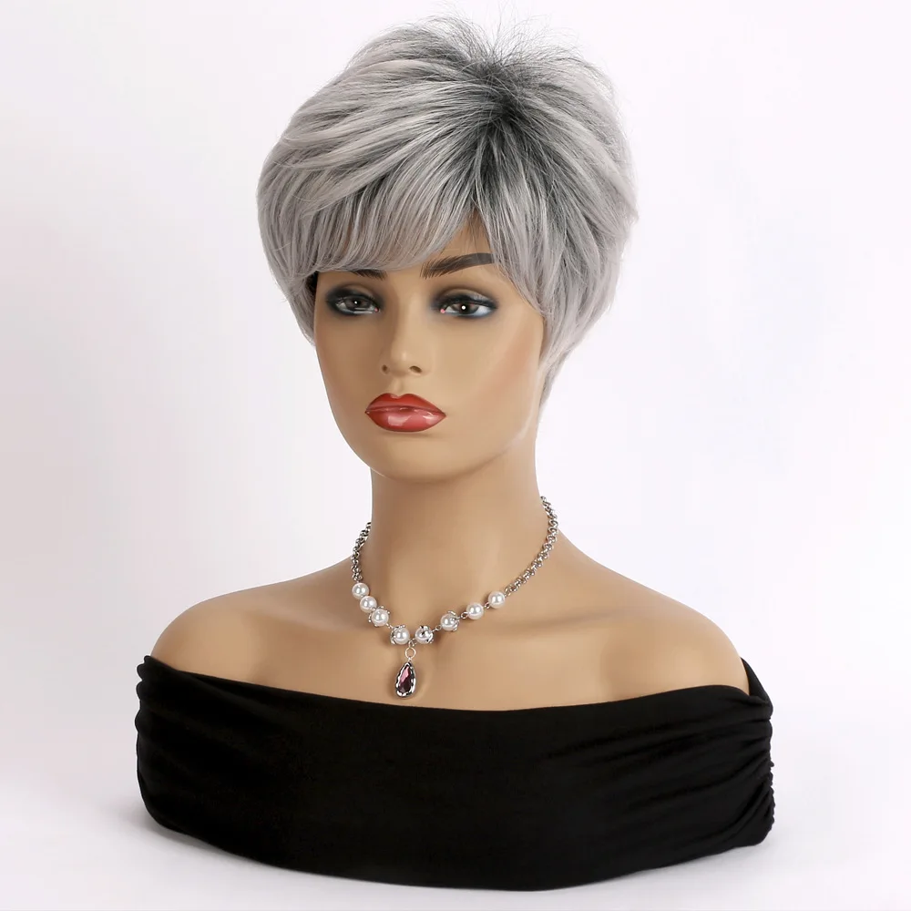 Synthetic Hair Short Cut Mixed Silver Gray Wig Layered Curly Heat Resistant Wigs With Bangs For Women Daily Use Breathable Wig