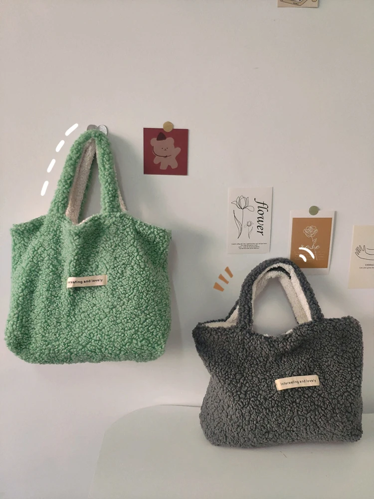 

Shoulder Bag Female Plush Student Bookbags Two Side Available Design Fashion Women Shopping Bag Large Capacity Faux Fur Tote Bag