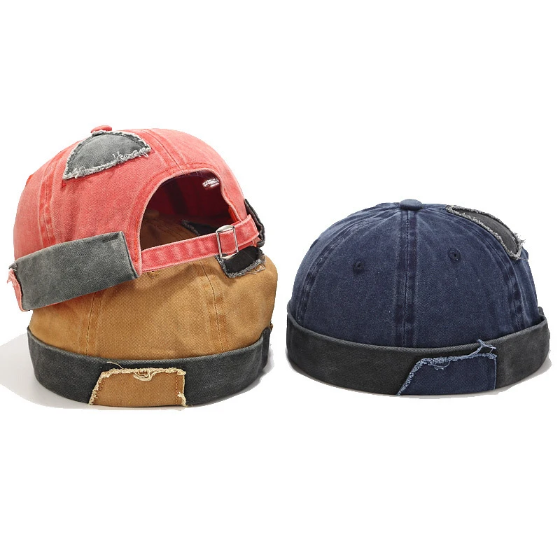 Vintage Patch Distressed Beggar Skull Cap Men Women Versatile Washed Patchwork Landlord Hat Hip Hop Yuppie Cap