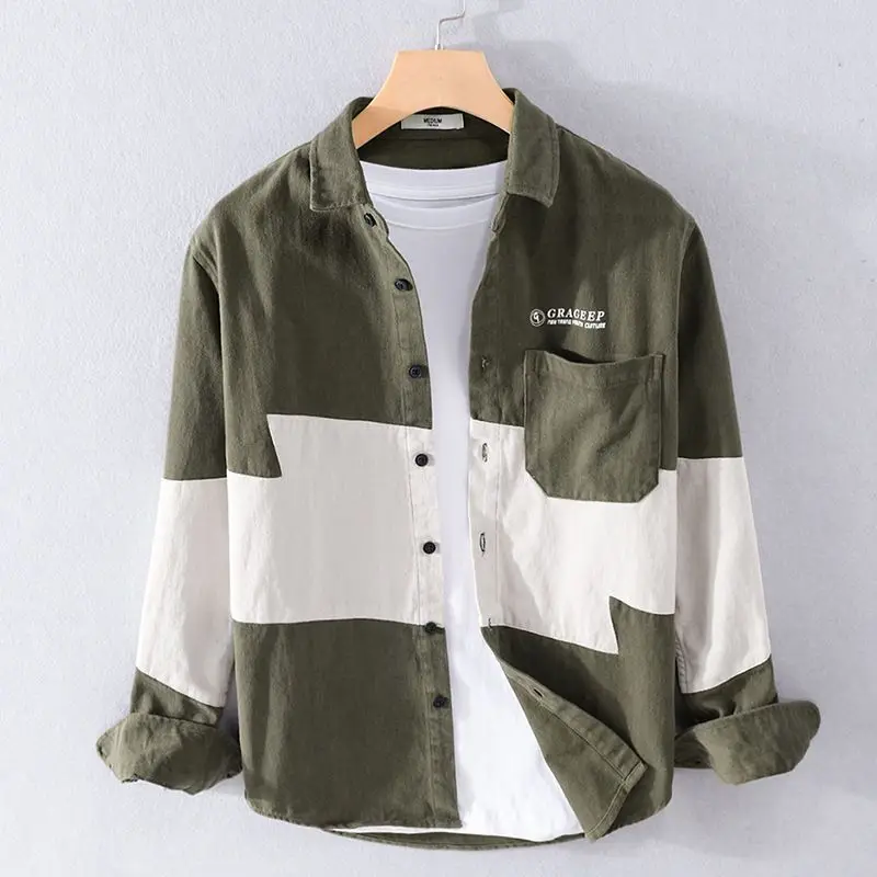 Elegant  Harajuku Slim Fit Blusa Square Neck Patchwork Button Long Sleeve Outerwear Loose Casual All Match Ropa HombreYY49